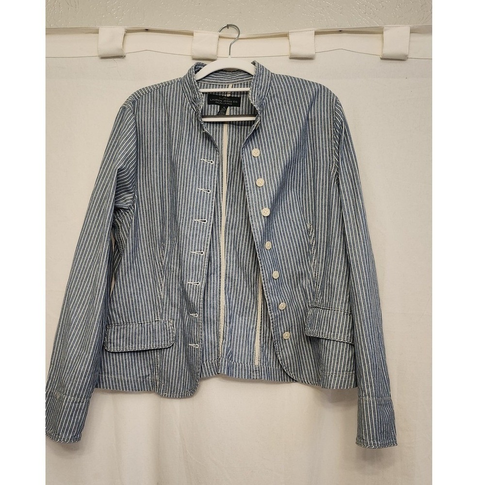 LRL Lauren Jeans Co Jacket Womens 14 Blue White Hickory Stripe Denim Band Collar